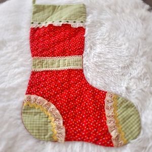 Handmade Quilted Stocking Vintage Floral Lace Red Green